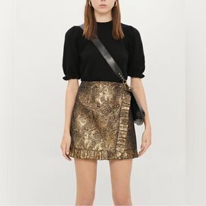 Sandro Paris Goldena Metallic Bronze Brocade Ruffled Mini Skirt